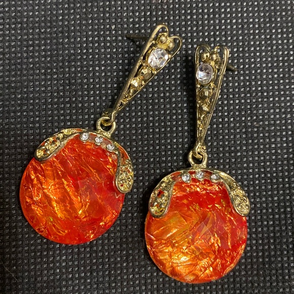 Vintage Gold tone, acrylic orange & rhinestone pierced dangling pierced Earrings - Picture 2 of 6